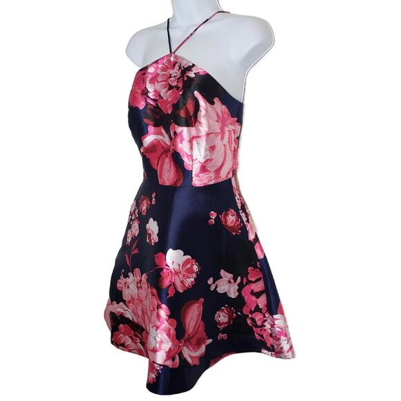 By & By Juniors Sz 5 Navy/Pink Floral Halter Formal Dress (1789) - Picture 3 of 8